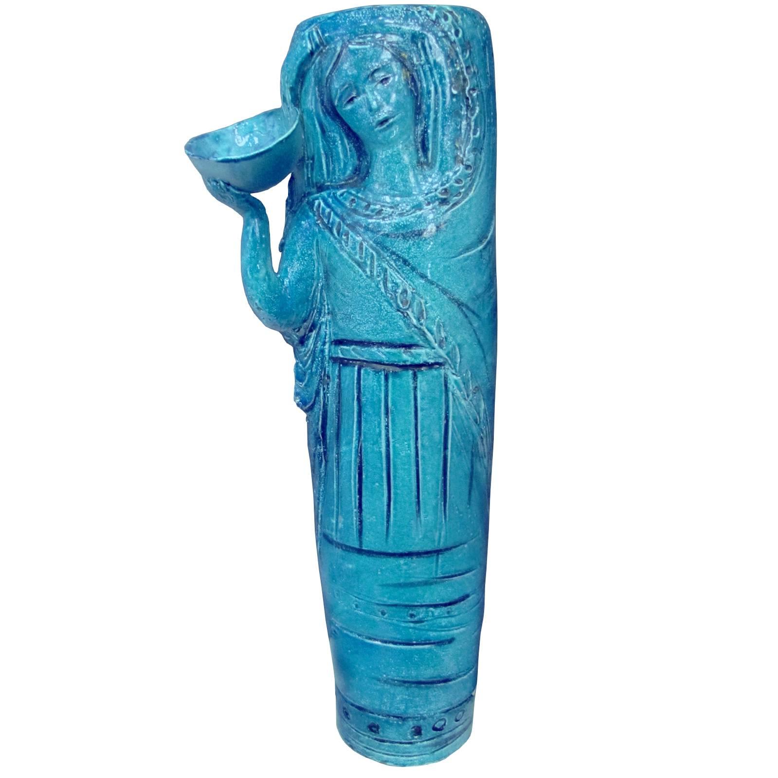Vase-Sculpture in Blue Glazed Earthenware by Angelo Ungania, circa 1940 For Sale
