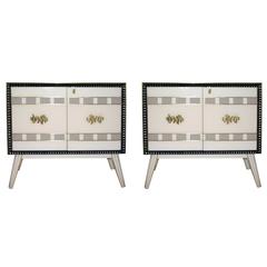 Elegant Italian Pair of Ivory and Pearl Grey Glass Cabinets 