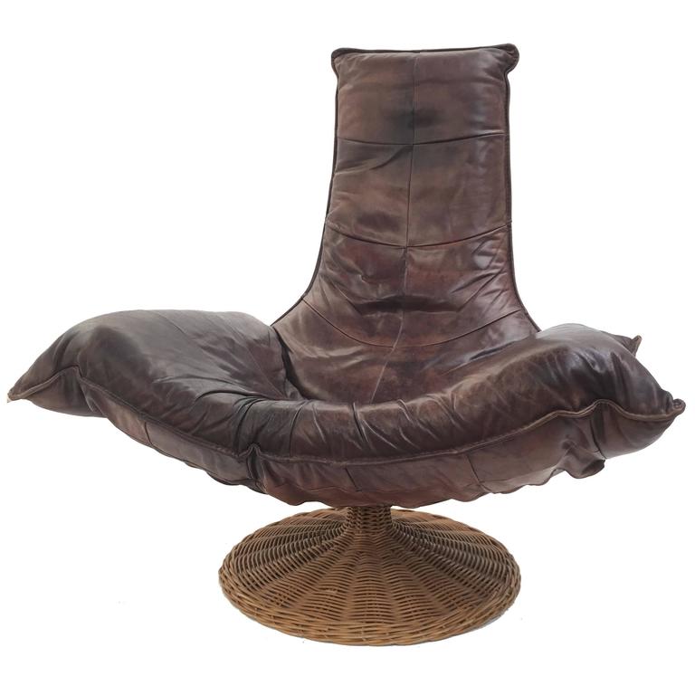 Monumental Leather and Rattan Lounge Chair by Gerard Van Den Berg for