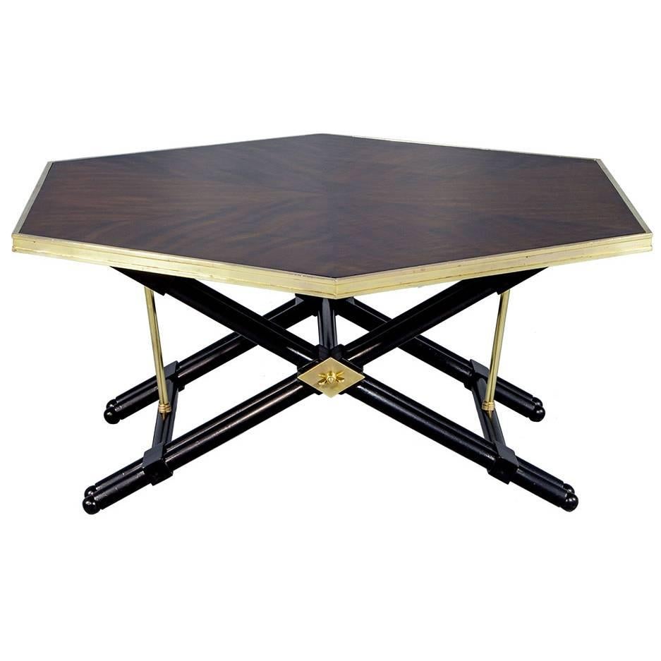 French Mahogany Hexagonal Cocktail Table with Brass Trim