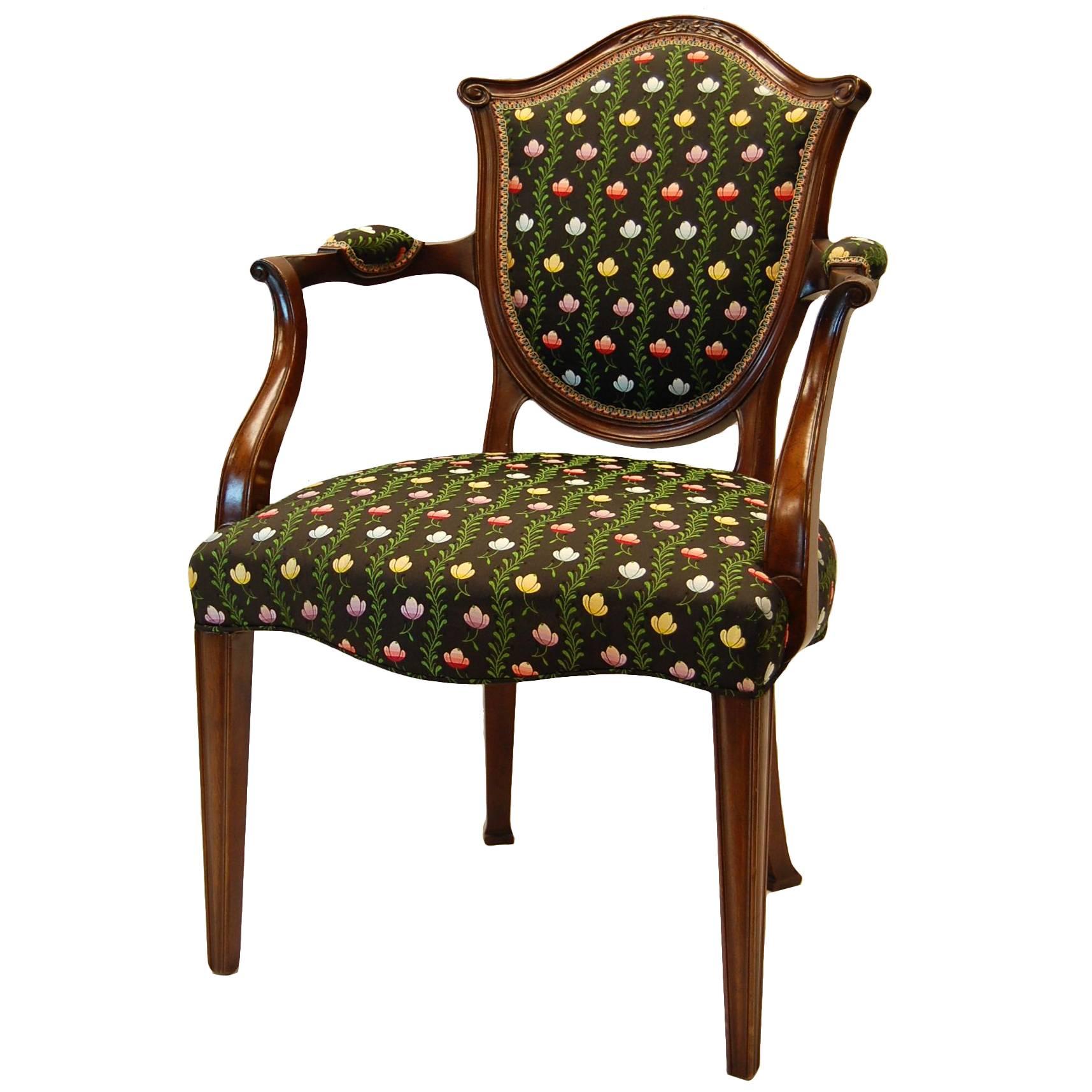 Hepplewhite Style Mahogany Open-Arm Chair Covered in Silk Brocade For Sale