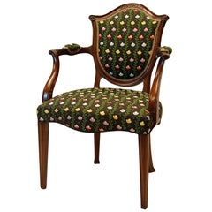 Hepplewhite Style Mahogany Open-Arm Chair Covered in Silk Brocade