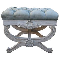 1930s French Carved "X" Bench with  Velvet Upholstery