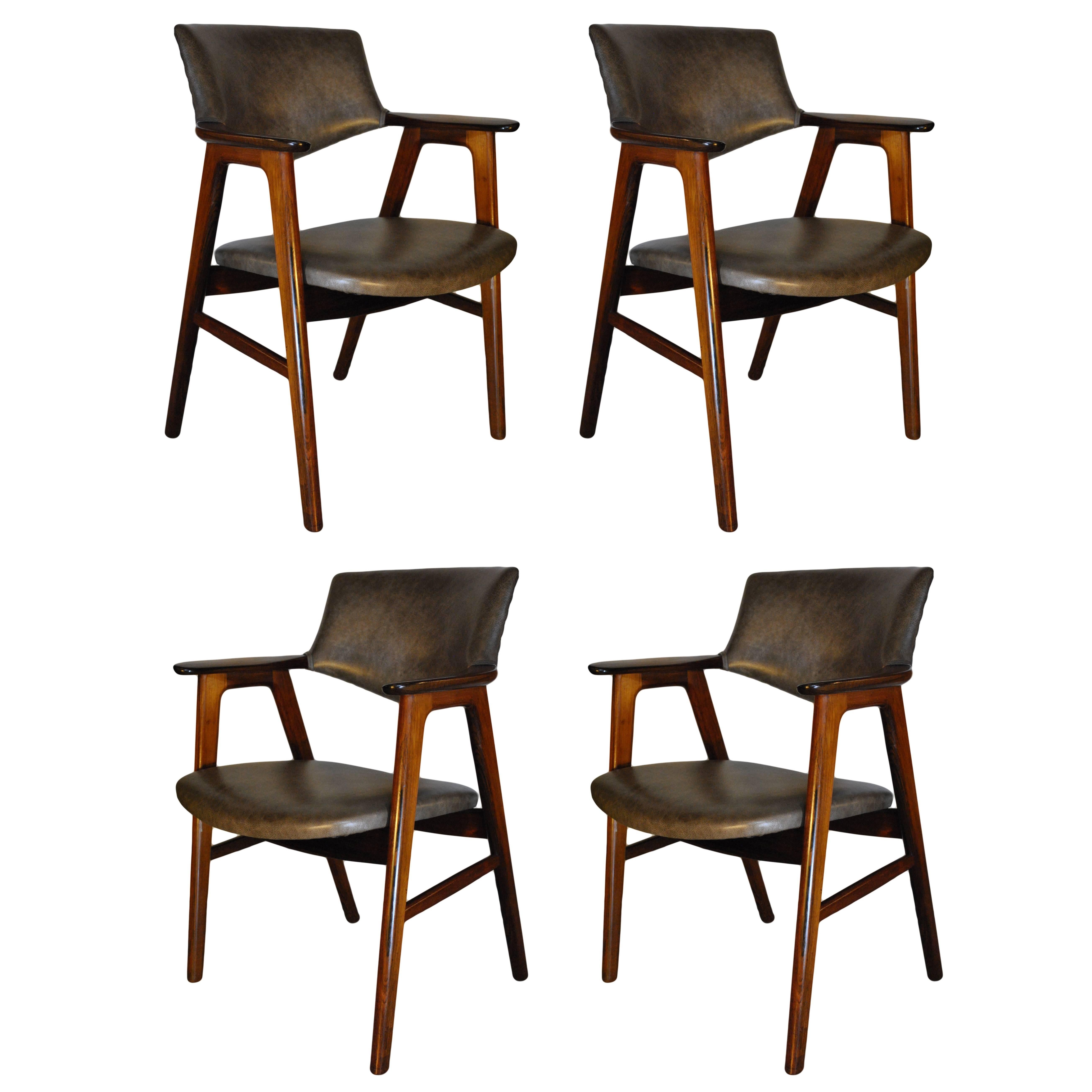 Erik Kirkegaard, Set of Four Chairs in Palisander and Leather