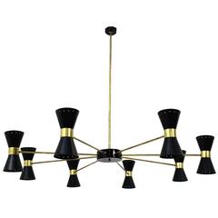 Large Eight-Arm Italian Modernist Chandelier, Brass, Stilnovo Style, Italy