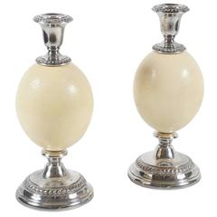 Antique Unusual Pair of Edwardian Sheffield Silver Plate and Ostrich Egg Candlesticks