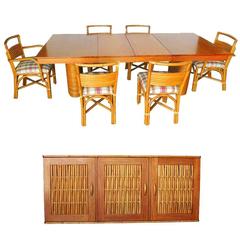 Rare Restored Mid Century Rattan and Mahogany Dining Set with Sideboard 10