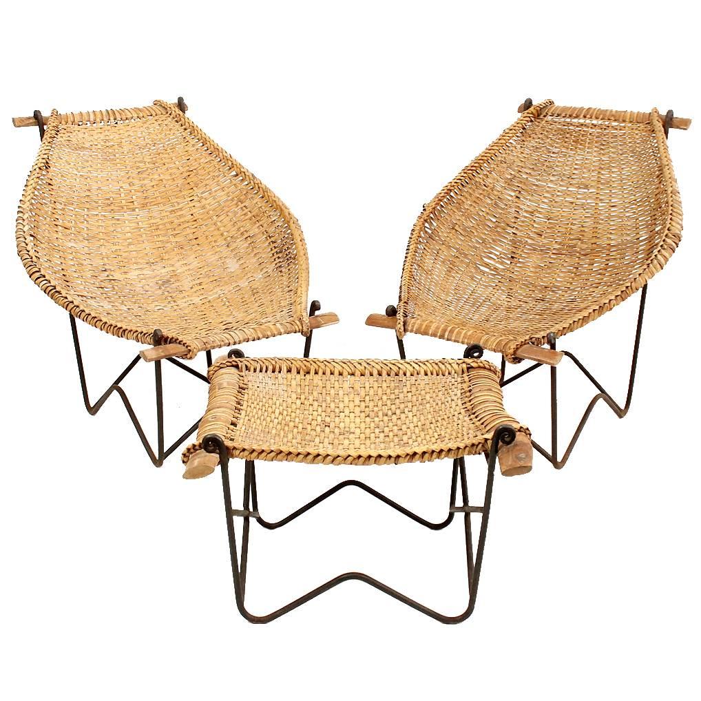 Pair of John Risley Rattan “Duyan” Lounge Chairs and Ottoman