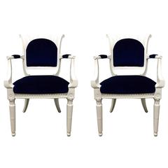 Pair of 1940s Lacquered Regency Style Armchairs in Blue Mohair 3