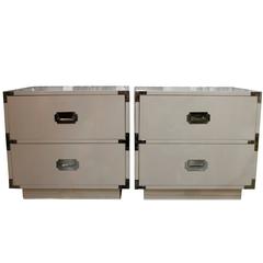 Pair of Campaign Campaigner Laquered Nightstands Chrome Chests Side Tables End