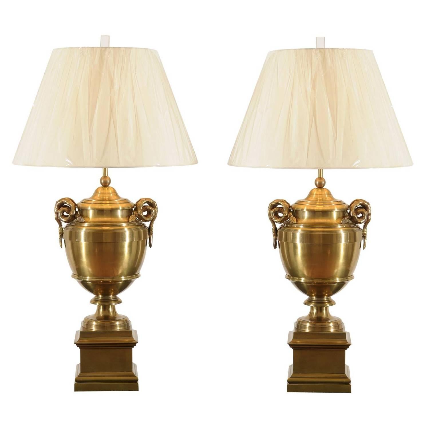 Exquisite Pair of Brass Urn Lamps in the Style of Maison Jansen For Sale