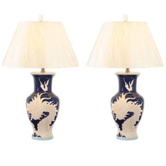 Restored Pair of Dramatic Vintage Dragon Lamps in Cobalt and Cream