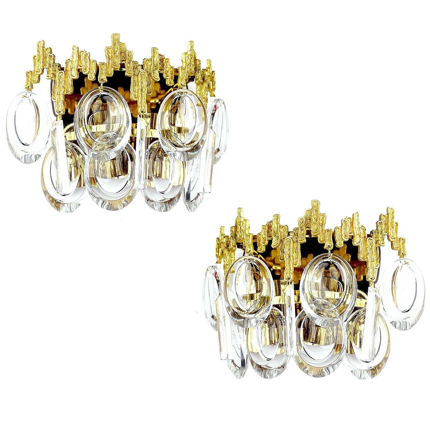 Exceptionnal Pair 60s MidCentury Palwa Gilde Crystal Sconces, Vanity Wall Lights For Sale