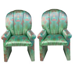 Milo Baughman Style Scallop Back Chairs in Silk, Pair