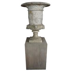 Italian 19th Century Carved White Marble Garden Urn on Limed Walnut Pedestal