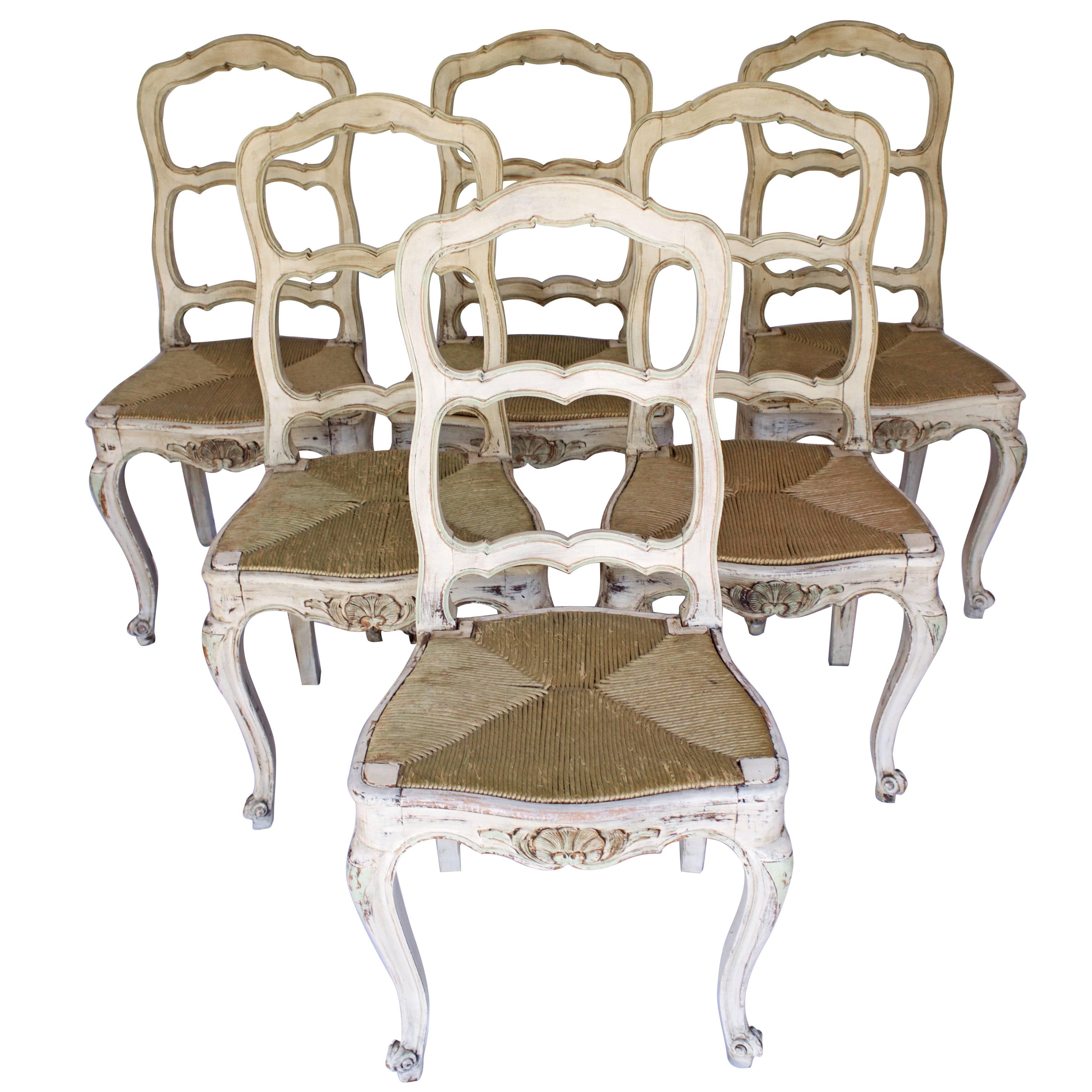 Set of Six Painted French Provincial Chairs Louis XV Style For Sale