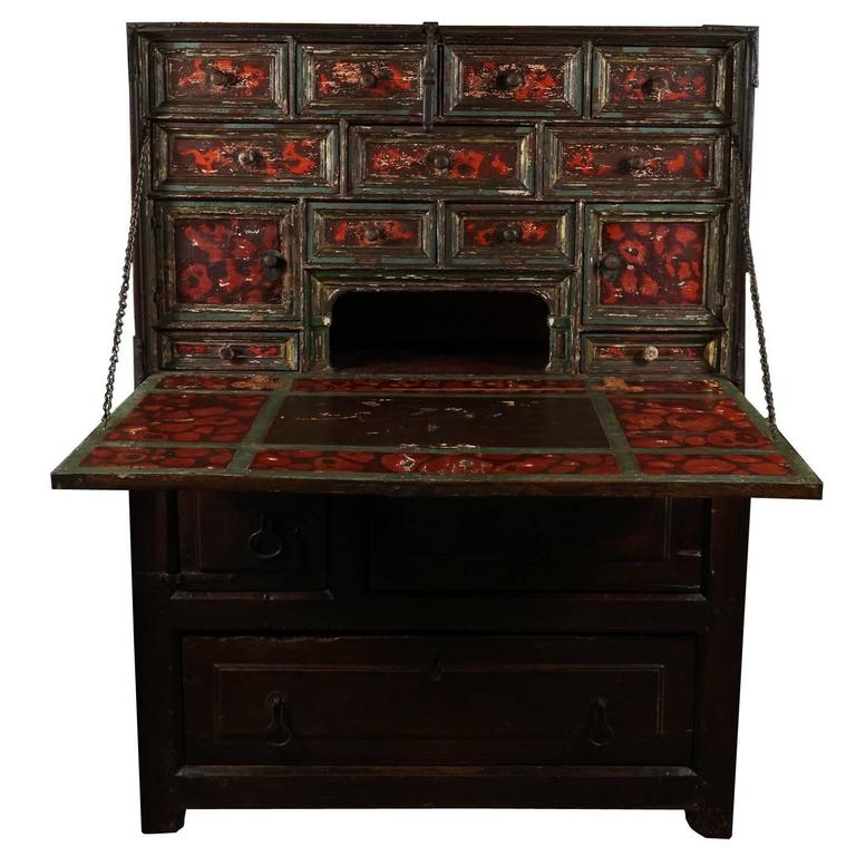 18th C Spanish Colonial Leather Covered Vargueño Traveling Desk For 18th Century Spanish Colonial Vargueno Set On A 19th Mission Chest French Painted Writing Desk