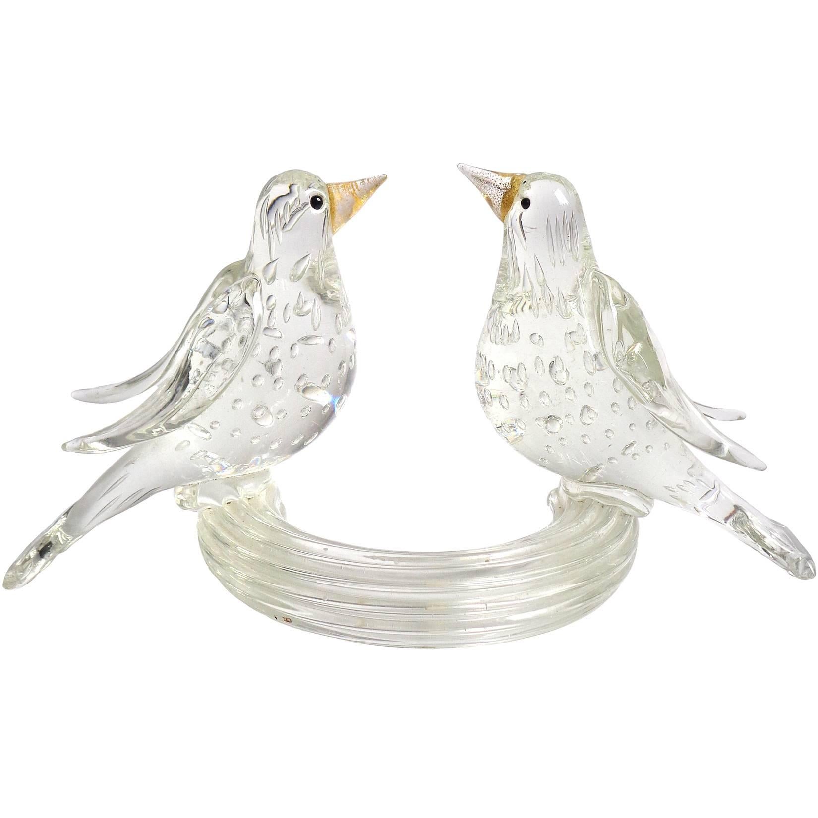 Barovier Toso Murano Crystal Clear, Gold, Italian Art Glass Birds Sculpture