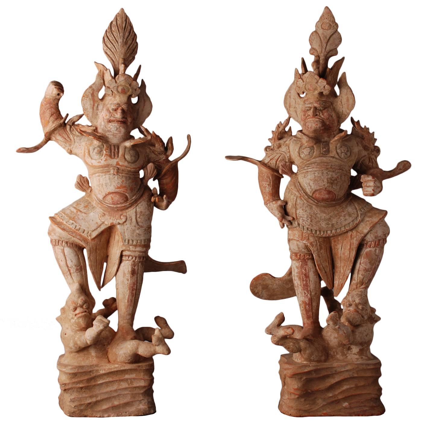 Chinese Pair of Pottery Lokapalas For Sale