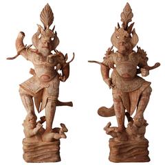 Chinese Pair of Pottery Lokapalas