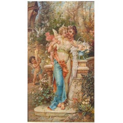 Hans Zatzka, Austrian Oil on Canvas Titled "Spring Love" Maiden with Cherubs