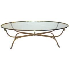 Quality French Brass Oval Coffee Table with Glass Top, by Maison Jansen, Paris