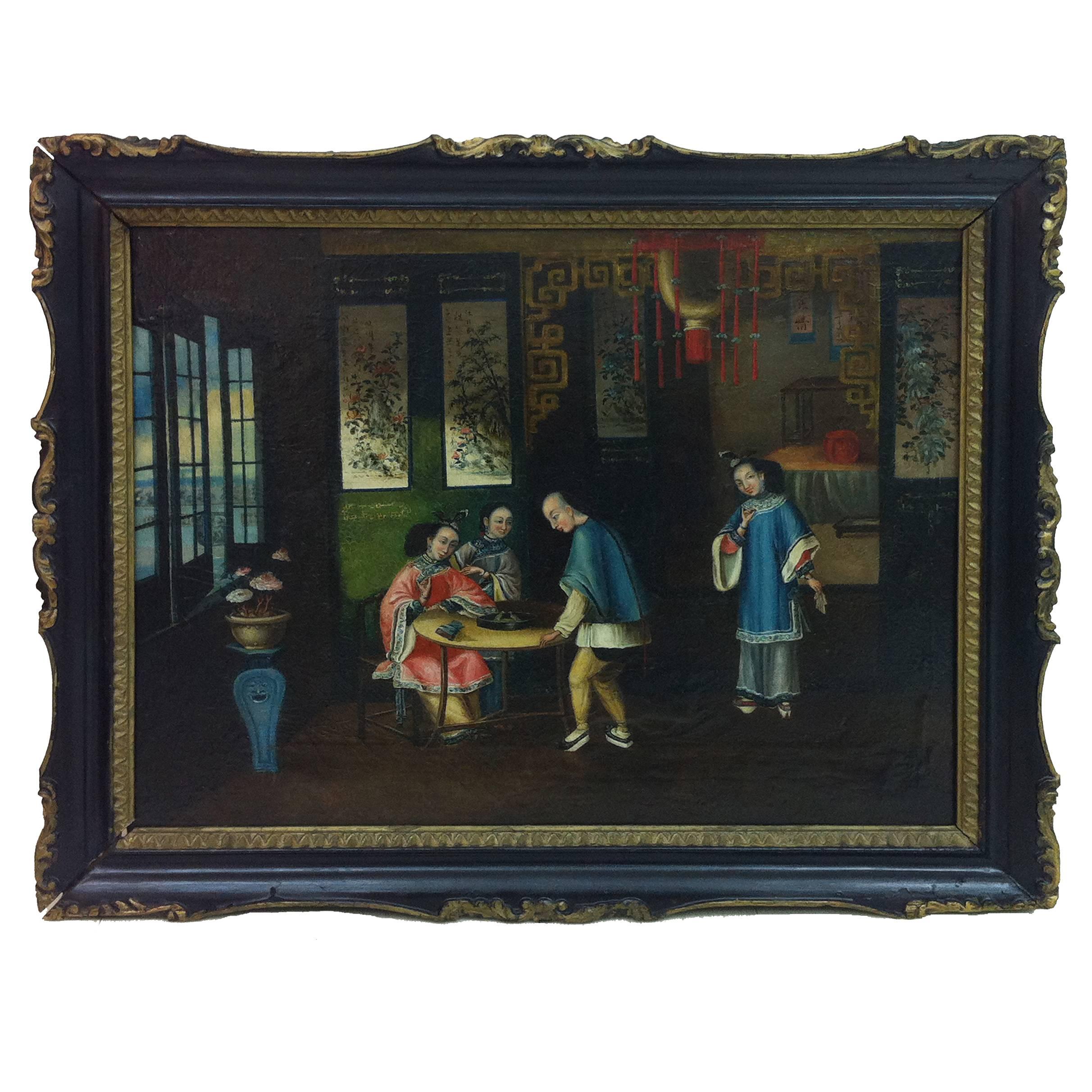 ''Fight of Birds'' Chinese Interior Scene, 19th Century For Sale