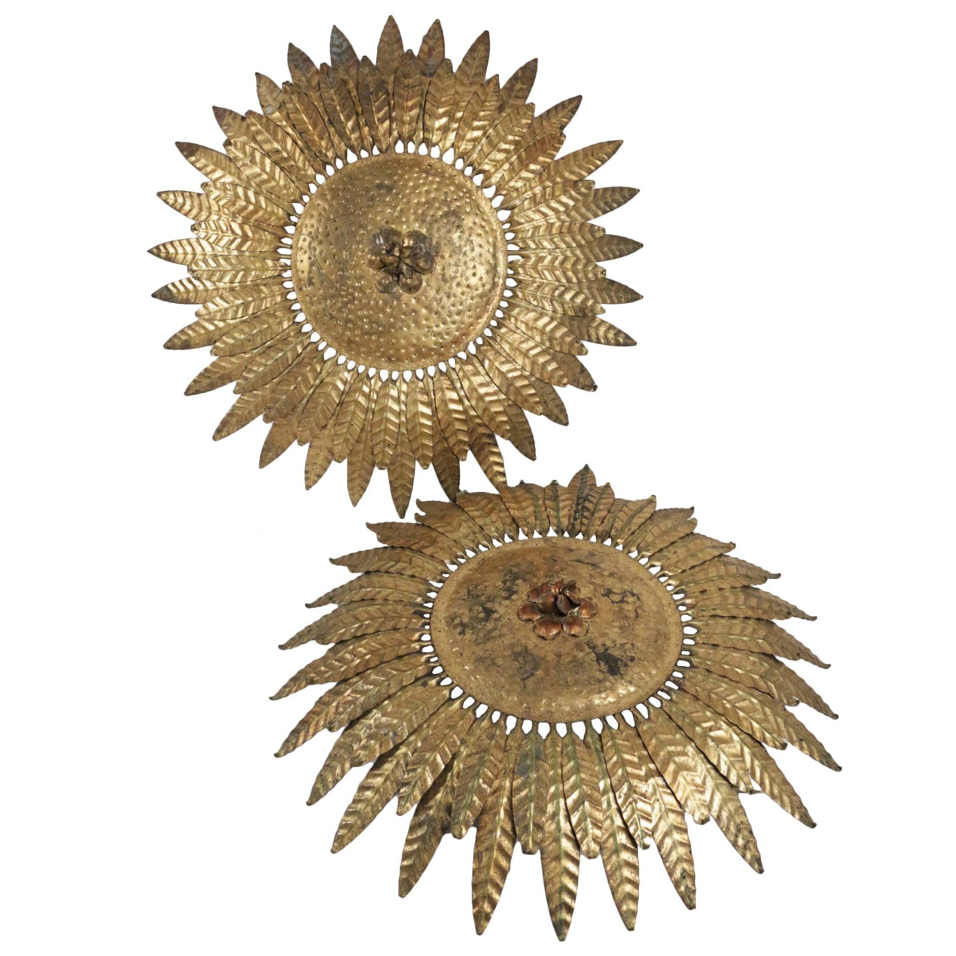 Pair of Ceiling Lights in Gold Gilt Metal, circa 1960-1970