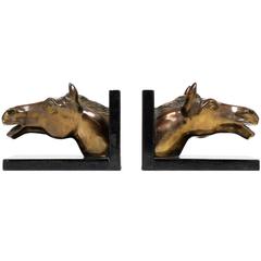 French Mid-Century Equestrian Marble and Brass Horse Bookends
