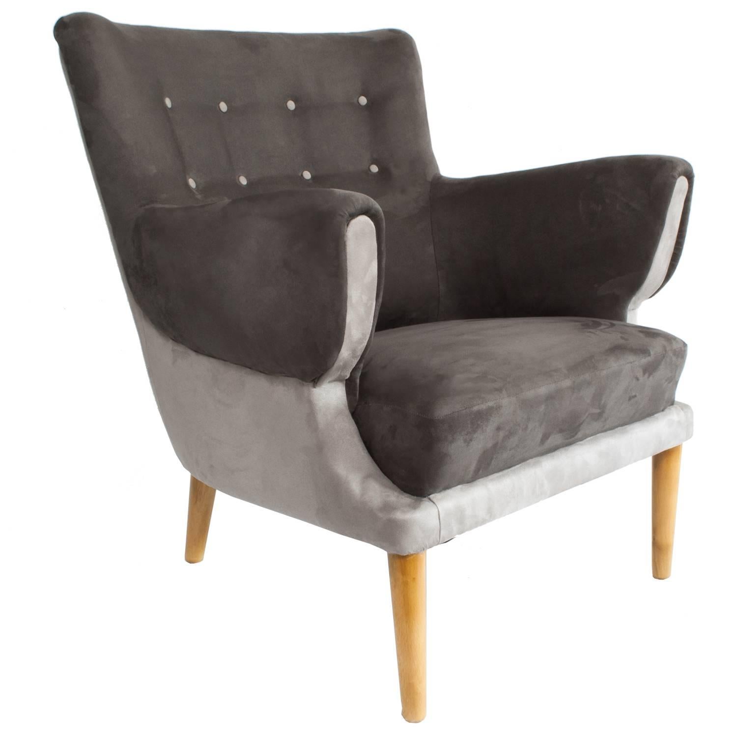 Scandinavian Modern Lounge Chair Upholstered Gray Velvet Beechwood Legs