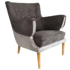 Scandinavian Modern Lounge Chair Upholstered Gray Velvet Beechwood Legs