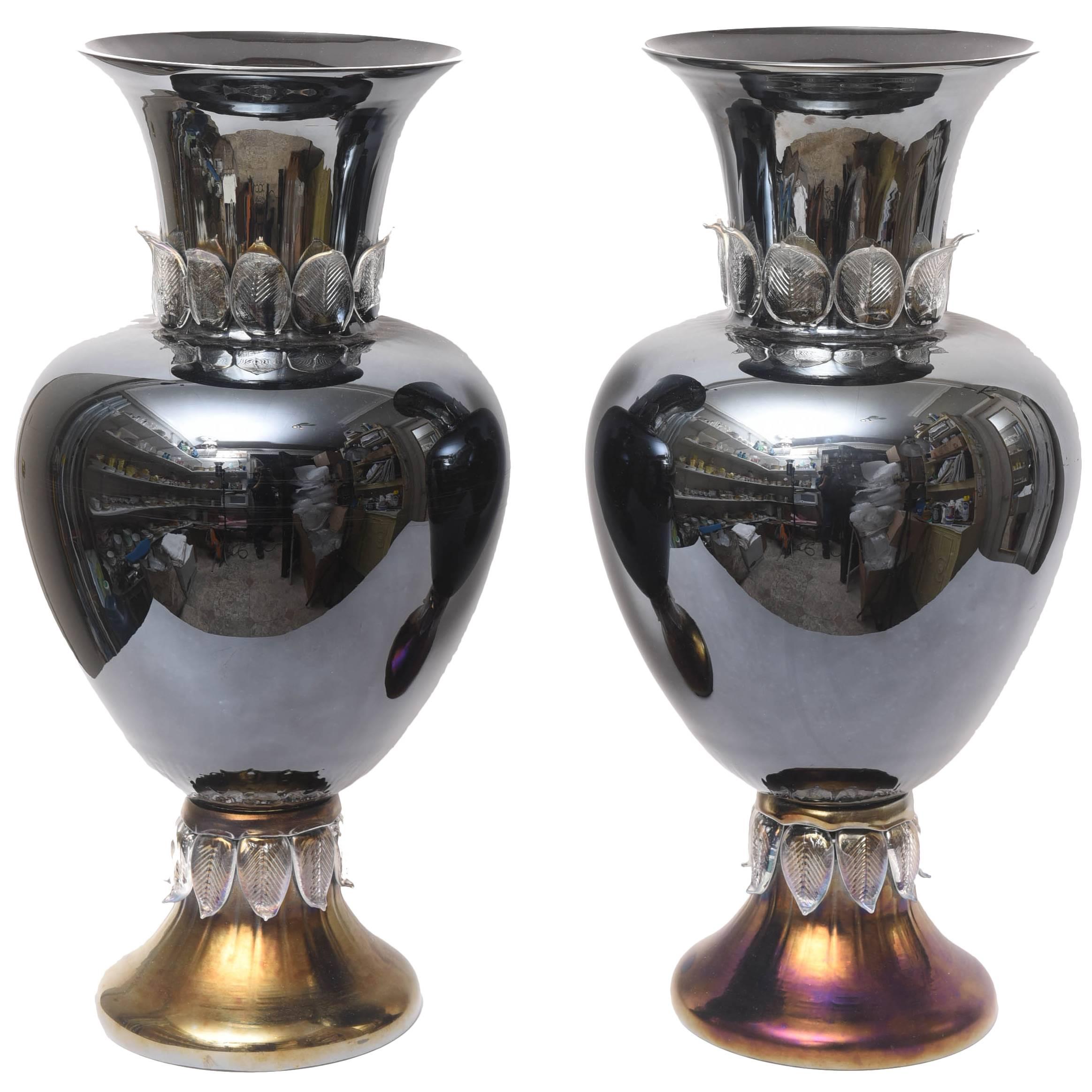 Pair of Very Tall Murano Art Glass Vases, "Cenedese" Black with Colored Bases