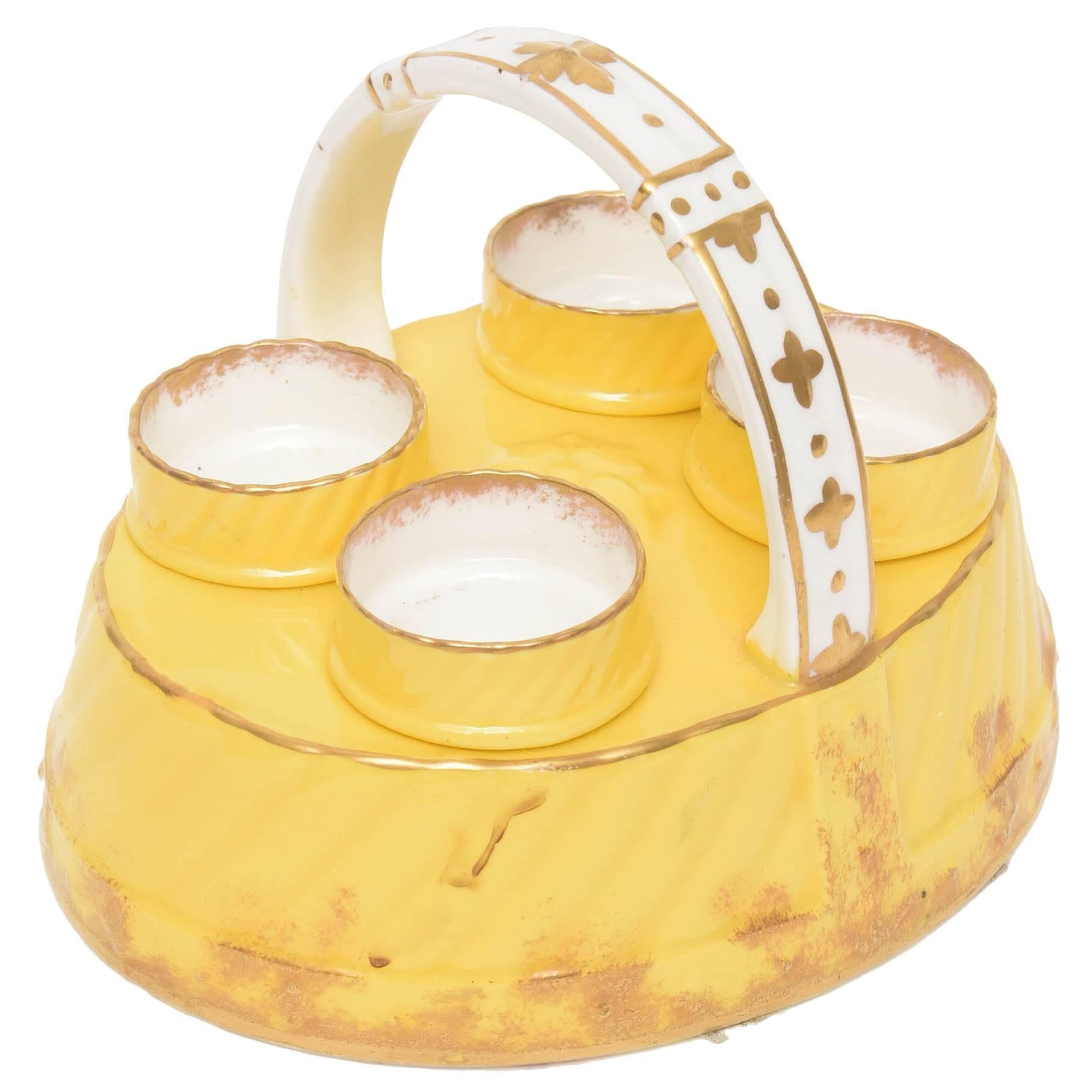 Antique English Egg Coddler Set, Rare Yellow Color for Four, Hand Decorated Gold