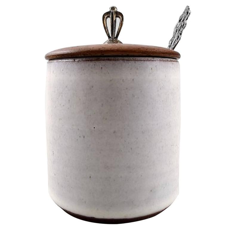 Dagnas, Denmark Jam Jar in Ceramics with Lid in Teak, Silver Knob and a