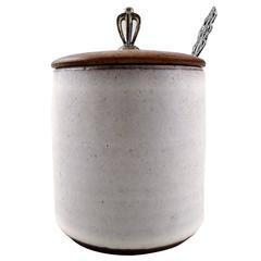 Dagnas, Denmark Jam Jar in Ceramics with Lid in Teak, Silver Knob and a Silver 12