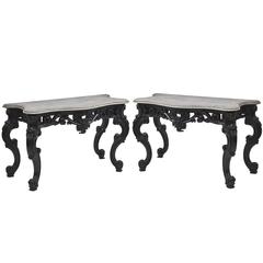 Pair of Anglo-Indian Ebonized Rococo Consoles with Grey Marble Tops, circa 1900