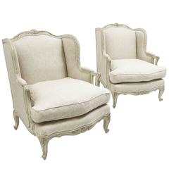 Pair of Large French Louis XV Style Painted Bergeres, circa 1900
