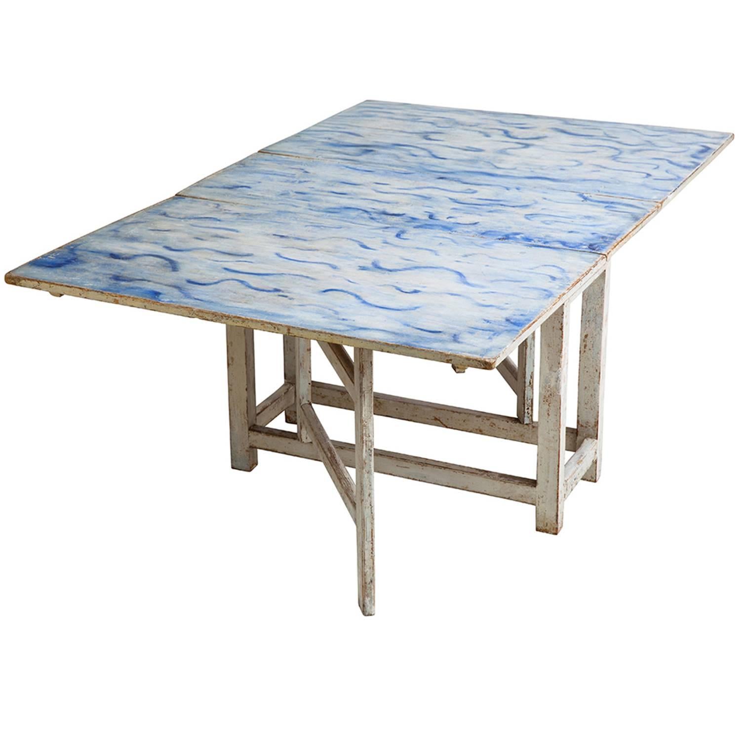 Swedish Blue and White Original Painted Drop-Leaf Table, circa 1820