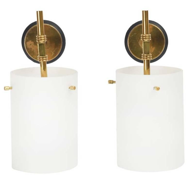 Pair of Italian Brass & Opaline Glass Sconces For Sale