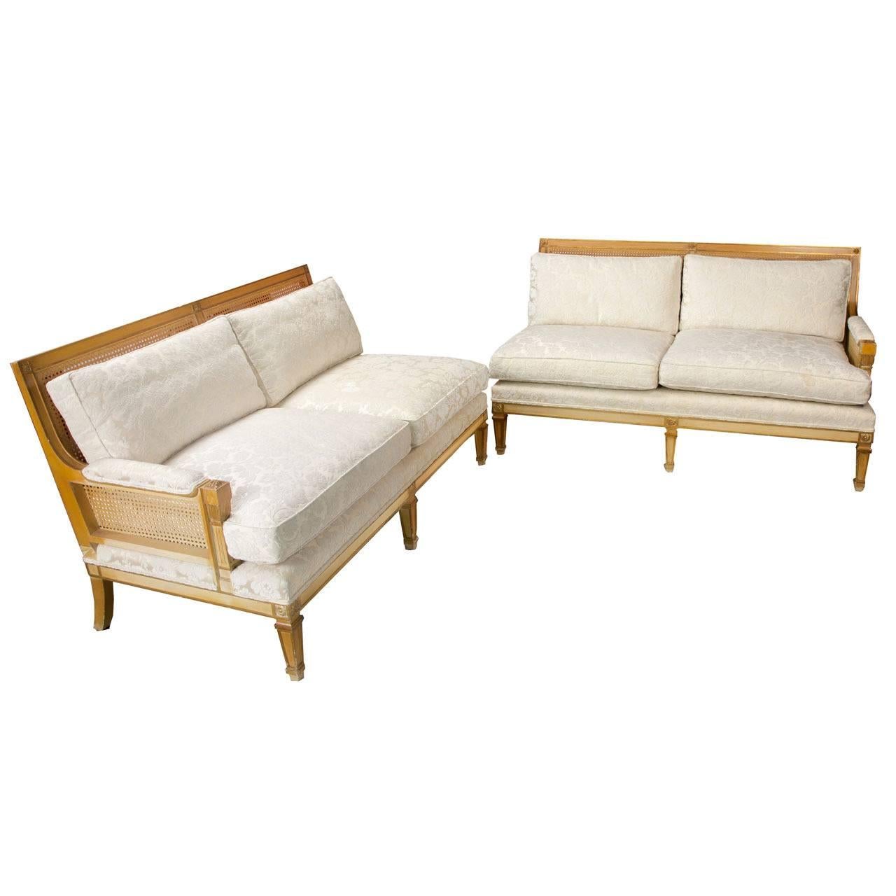 Hollywood Regency Mid-Century Two-Piece Cane Back Sofa For Sale