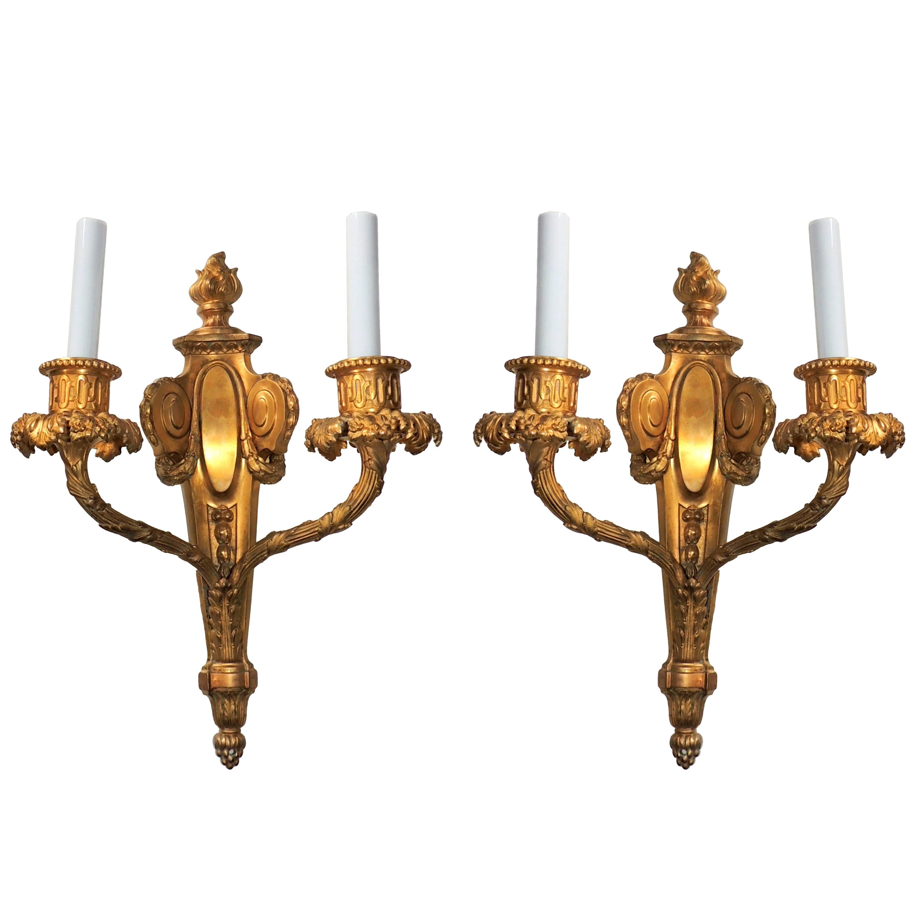 Exceptional Pair of French Doré Bronze Fine Neoclassical Flame Top Sconces