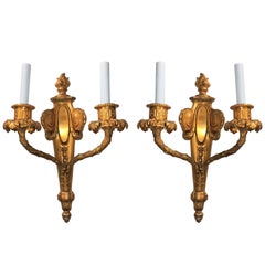 Exceptional Pair of French Doré Bronze Fine Neoclassical Flame Top Sconces