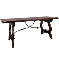 Mid-Century Spanish Walnut Table Desk with Iron Stretcher
