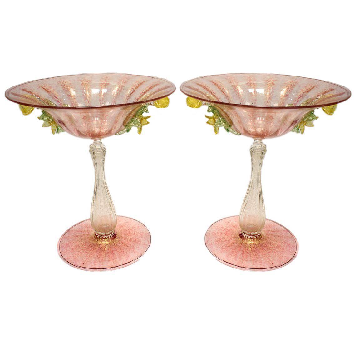 Pair of Murano Salviati Pink and Gold Compotes