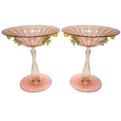 Pair of Murano Salviati Pink and Gold Compotes