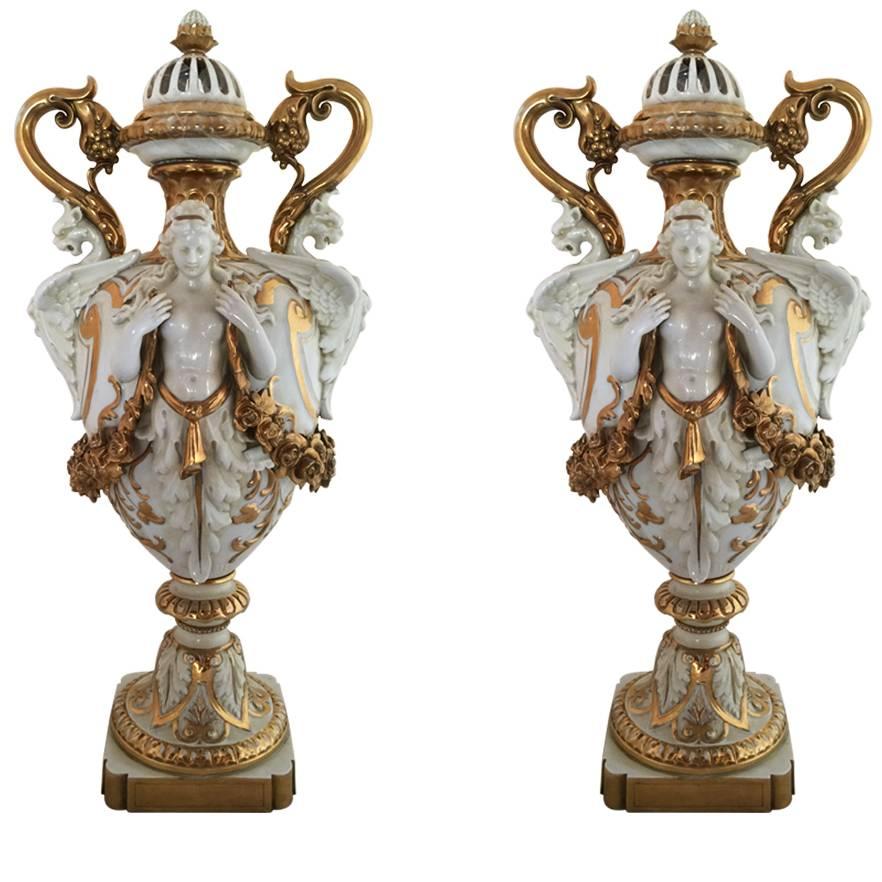 Fabulous Tall Antique Pair of Capodimonte Porcelain Urns