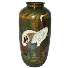 Large Hand-Painted Floor Vase with Crane Motives
