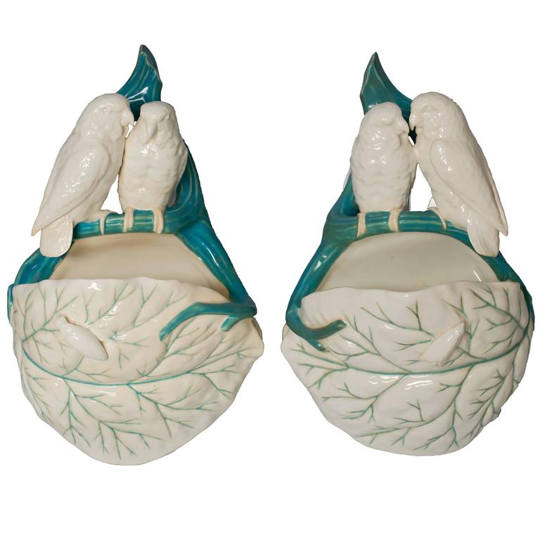 Pair of Unusual Wall Hanging Pottery Baskets with Lovebirds For Sale at