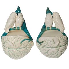 Pair of Unusual Wall Hanging Pottery Baskets with Lovebirds