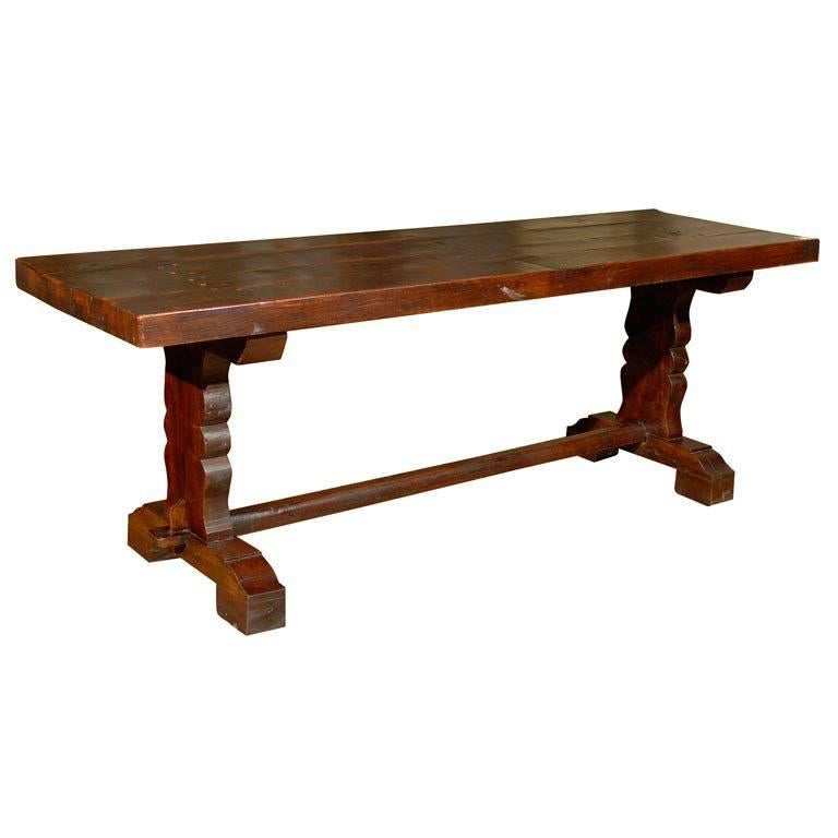 French Wood 19th Century Library/Desk Trestle Table of Deep Warm Brown Color